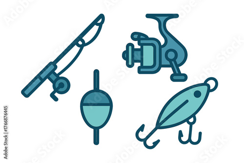 Essential fishing equipment set including rod, reel, bobber float, and artificial lure bait