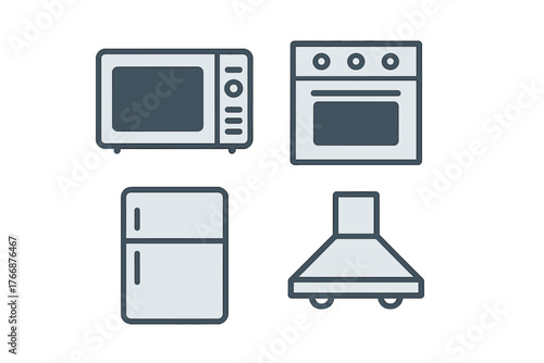 Four essential kitchen appliances including microwave, oven, refrigerator, and range hood in a modern flat style