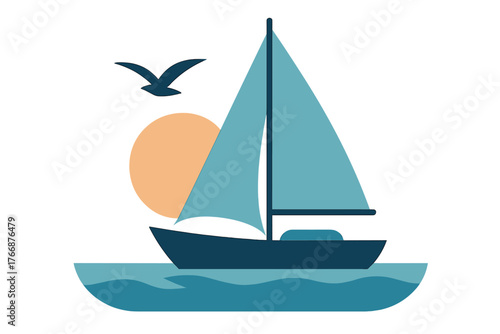 Stylized sailboat cruising on ocean waves during sunset with flying seagull