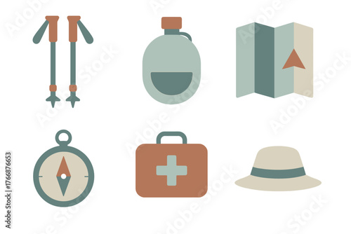 Essential hiking and camping equipment set including compass map first aid kit and trekking poles