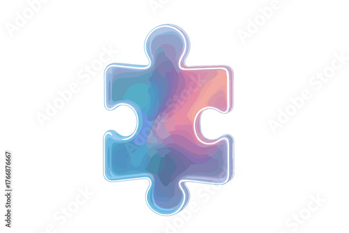 Holographic glossy puzzle piece isolated on white representing connection and solution