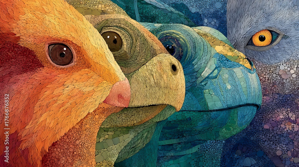 Naklejka premium Close-up colorful dinosaur portraits vibrant prehistoric creatures ancient reptiles detailed textures