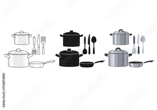 Kitchenware Vector Set in Three Styles — Line Art, Silhouette and Color Version for Culinary Themed Designs and Food Related Graphics Projects