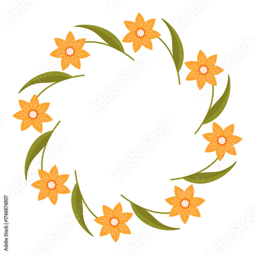 Flat style vector illustration of a round frame made of orange daffodil flowers with green leaves, on a white background, perfect for spring designs.