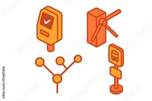 Isometric public transport infrastructure and network connection symbols