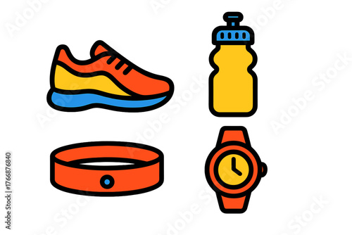 Essential sports equipment set featuring a running shoe, water bottle, fitness band, and wristwatch icons