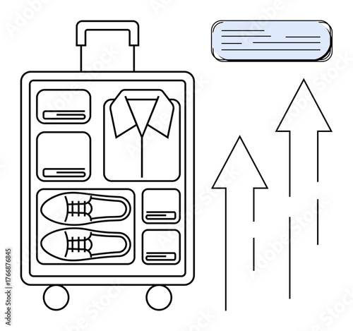 Neatly packed suitcase with clothing, shoes, and arrows symbolizing progress, travel, and mobility. Ideal for packing tips, organization, travel planning, work trips vacation personal growth
