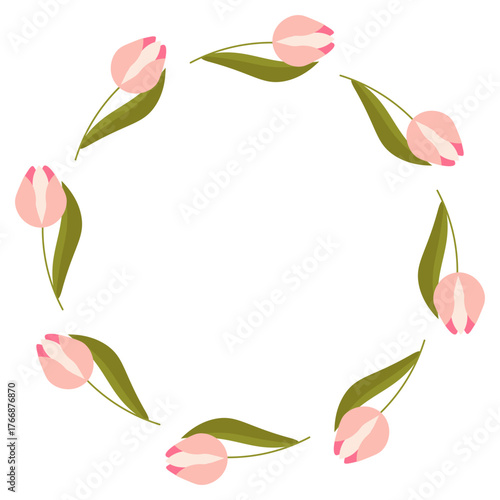 Flat style vector illustration of a round frame made of delicate pink tulip flowers with green leaves, on a white background.