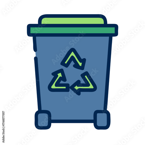 Simple blue recycling bin illustration with green accents and recycle symbol on black backdrop