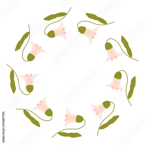 Flat style vector illustration of a round frame made of delicate pink bellflowers with green leaves, ideal for elegant designs, invitations, and floral decor on a white background.