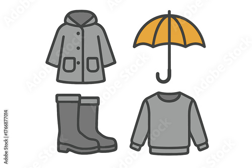 Essential rain gear collection featuring a hooded coat, rubber boots, and an open umbrella