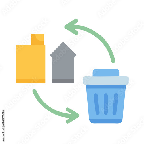Data cycle: Yellow, grey, and blue figures revolving into a trashcan with arrows