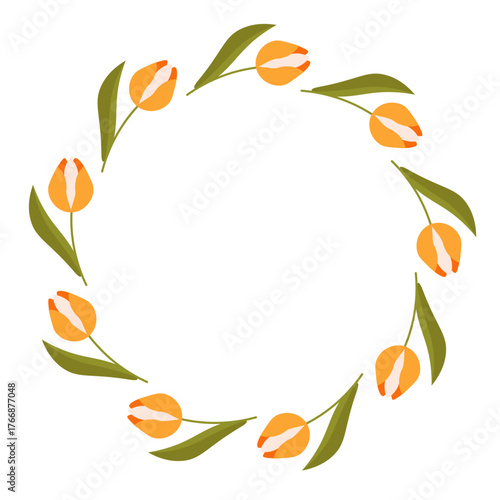 Flat style vector illustration of a round frame made of delicate yellow tulip flowers with green leaves, on a white background.