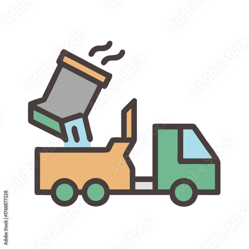 Modern flat illustration of a garbage truck depositing waste, isolated on black