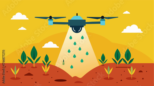 A drone flying over a driedup area of land and releasing water droplets to revive the soil allowing for new crops to be planted.. Vector illustration