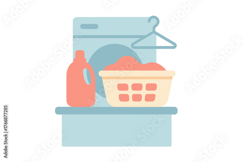 Modern washing machine, laundry basket, detergent bottle, and clothes hanger for cleaning