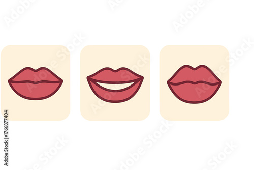 Set of three human mouth expressions showing various lip shapes and emotions for avatar design