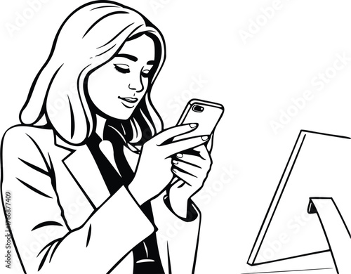 A black and white line drawing of a young businesswoman in a suit, attentively looking at her smartphone while sitting at a desk with a computer monitor isolated on transparent background.