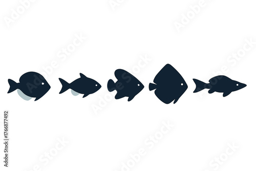Collection of five stylized dark blue fish silhouettes swimming together