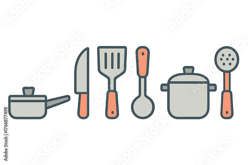 Essential kitchen cooking utensils and cookware set for culinary preparation