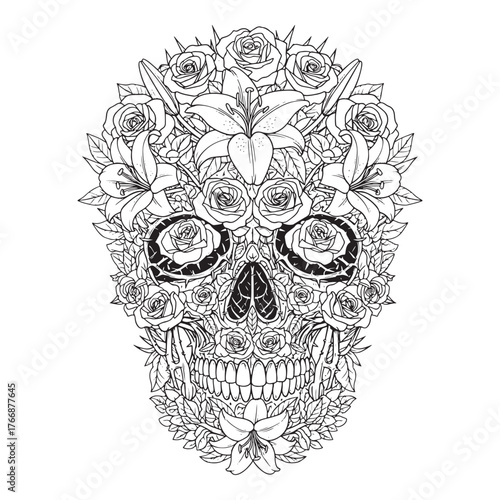 Intricate black and white floral skull illustration with detailed petals and leaves