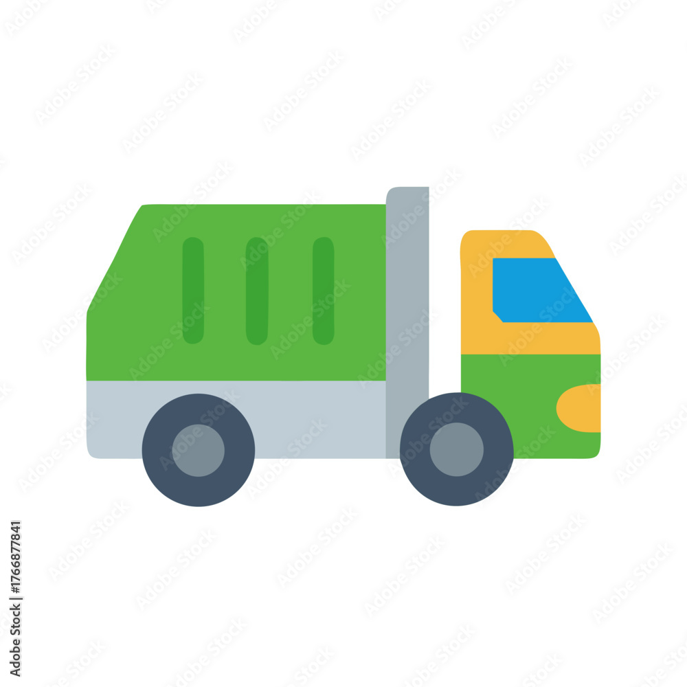 Fototapeta premium Stylized flat vector illustration of a green and gray garbage truck