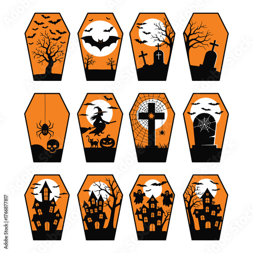 Collection of twelve spooky halloween coffin shaped illustrations with various spooky scenes and elements
