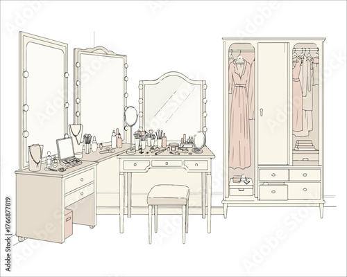 Elegant dressing room illustration with vanity mirror and closet in soft colors
