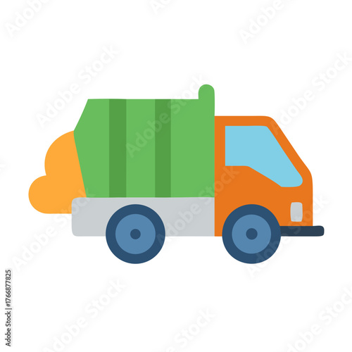 Vector illustration of a colorful garbage truck on black background. Solid color.