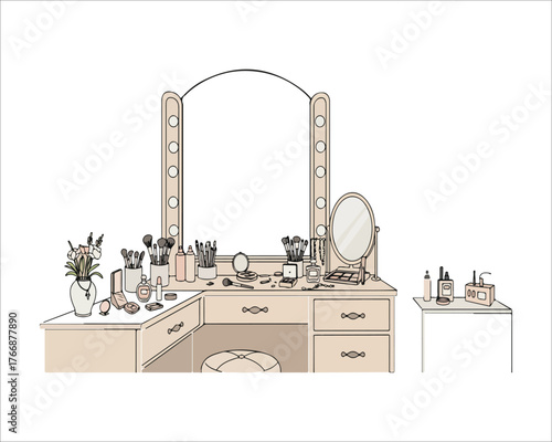 Elegant vanity table with makeup accessories and a mirror illustration