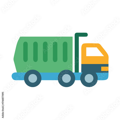 A simple flat vector illustration of a green garbage truck on black background