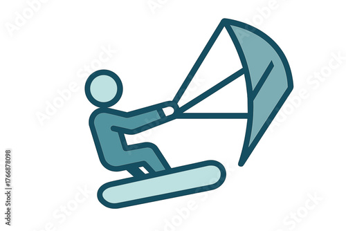 Stylized graphic depicting a person engaged in the extreme water sport of kiteboarding