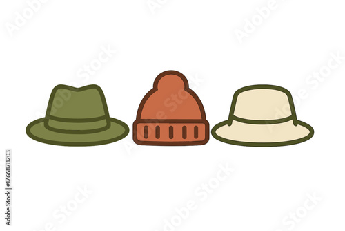 Collection of three distinct headwear items: a classic fedora, a warm knit beanie, and a wide-brimmed sun hat