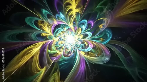 Vibrant Fractal Flower Bloom with Glowing Center and Swirling Petals.