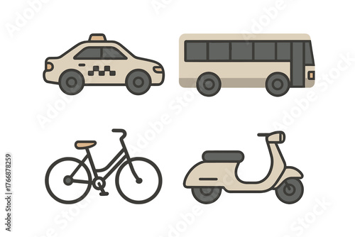 Urban transportation vehicles collection including taxi, public bus, bicycle, and motor scooter icons
