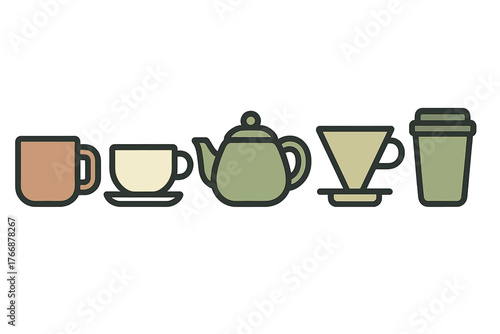 Assortment of coffee and tea utensils including mugs, teapot, and pour-over filter