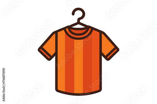 Casual striped orange t-shirt garment hanging on a wire clothes hanger for apparel and retail display