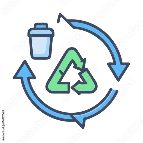 Recycle symbol and trash can surrounded by arrows on black background, isolated
