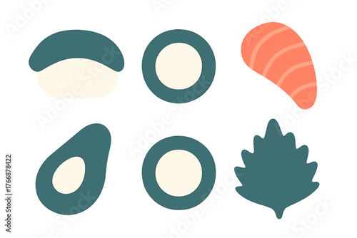 Minimalist set of Japanese sushi ingredients including nigiri, maki rolls, salmon, avocado, and garnish leaf