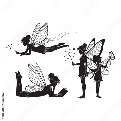 Whimsical silhouettes of three fairies with delicate wings and wands in various poses