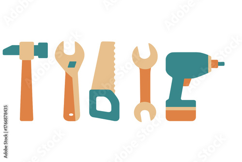 Essential construction and repair tools set including hammer wrench saw and power drill