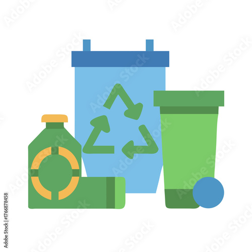 Vector illustration showcasing recycling concept with various waste bins on black background