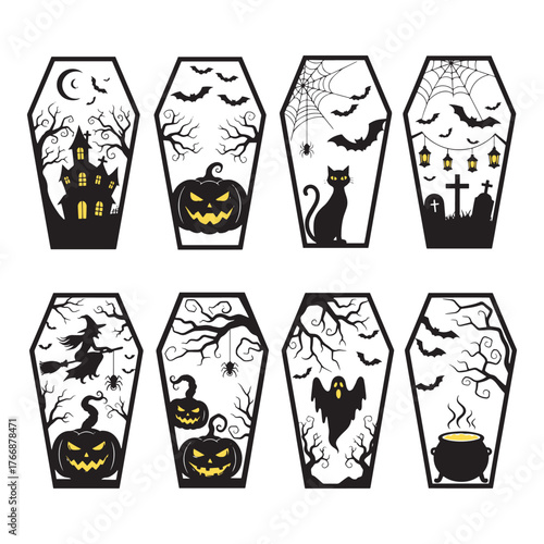 Collection of eight spooky halloween coffin shaped illustrations with spooky scenes inside