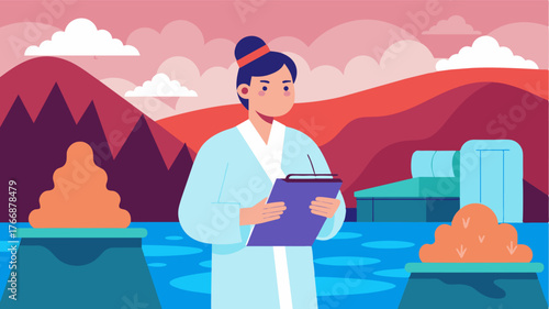 An employee with a clipboard walks around the resort taking inventory of the towels and robes used by guests at the hot springs.. Vector illustration