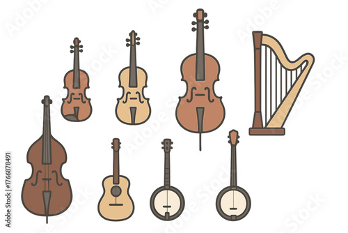Set of string musical instruments: violin, cello, double bass, guitar, banjo, harp