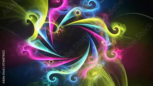 Vibrant Fractal Swirl Abstract Background with Neon Colors.