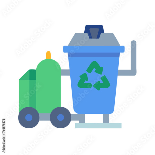 Vector illustration of green motorized waste bin next to a blue recycling bin