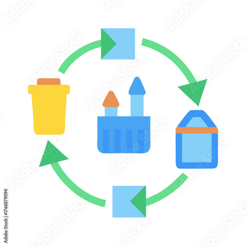 Digital illustration of waste management cycle depicting recycling and reduction process