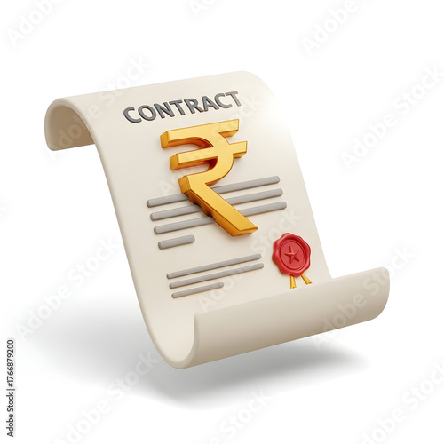 3d icon of a contract document with the indian rupee symbol and a red wax seal isolated on white background