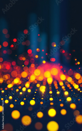Abstract navy blue background with glowing yellow and red bokeh lights and digital texture — festive blurred lights design for Black Friday, holiday sales, banners, or modern web backgrounds